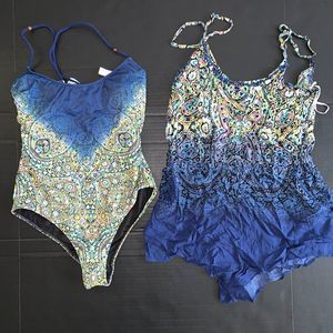 Victoria's Secret S ONE-PIECE MONOKINI+ROMPER SET MOSAIC GARDEN GREEN teal BLUE